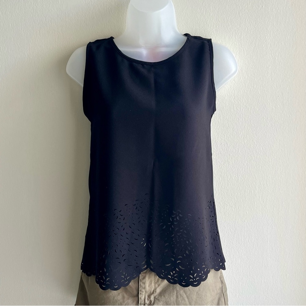 Catherines Black Sleeveless Tank with Scalloped Laser-Cut Hem